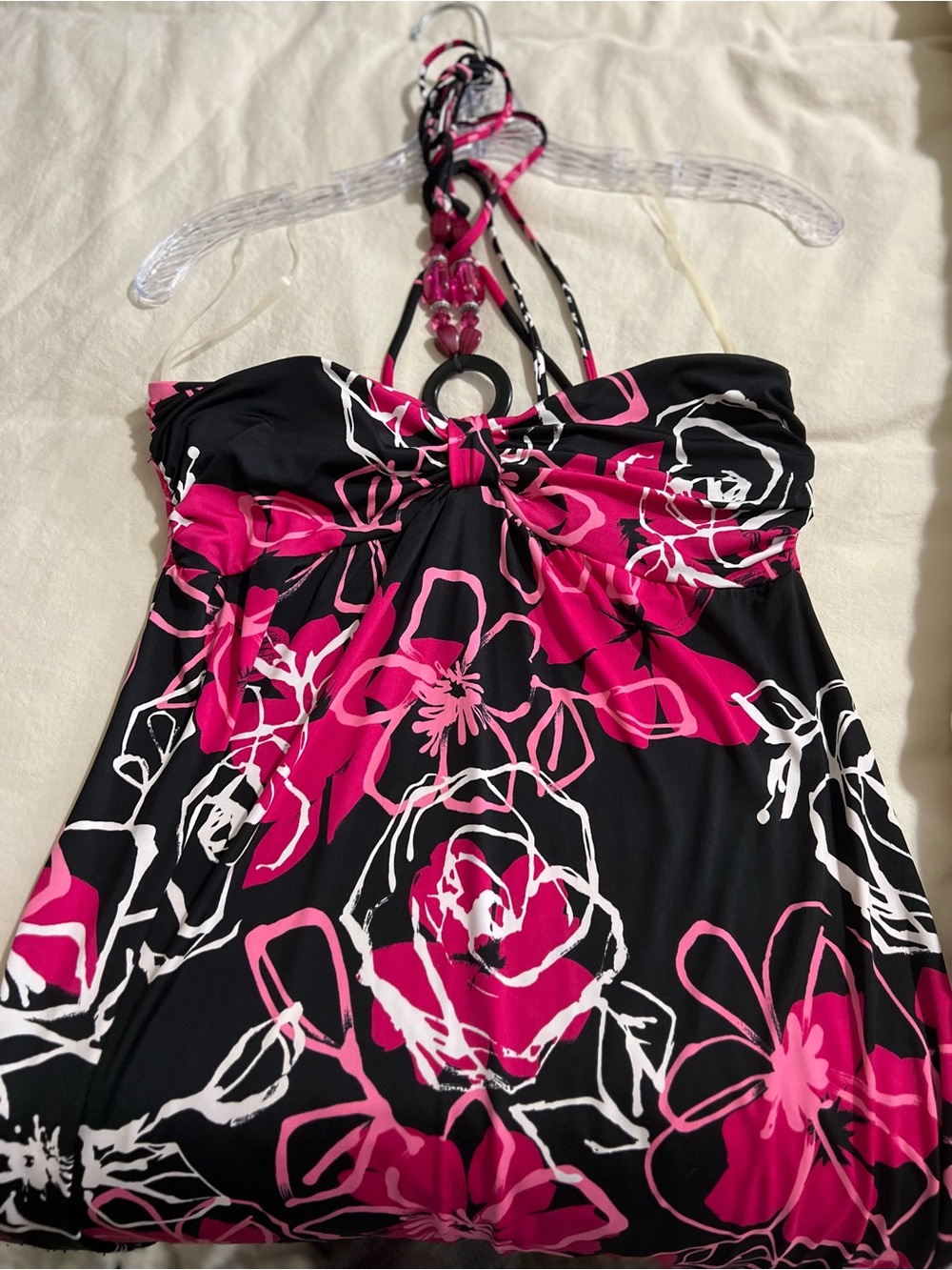 Y2K Black Strapless Halter Dress with Pink & White Floral Print